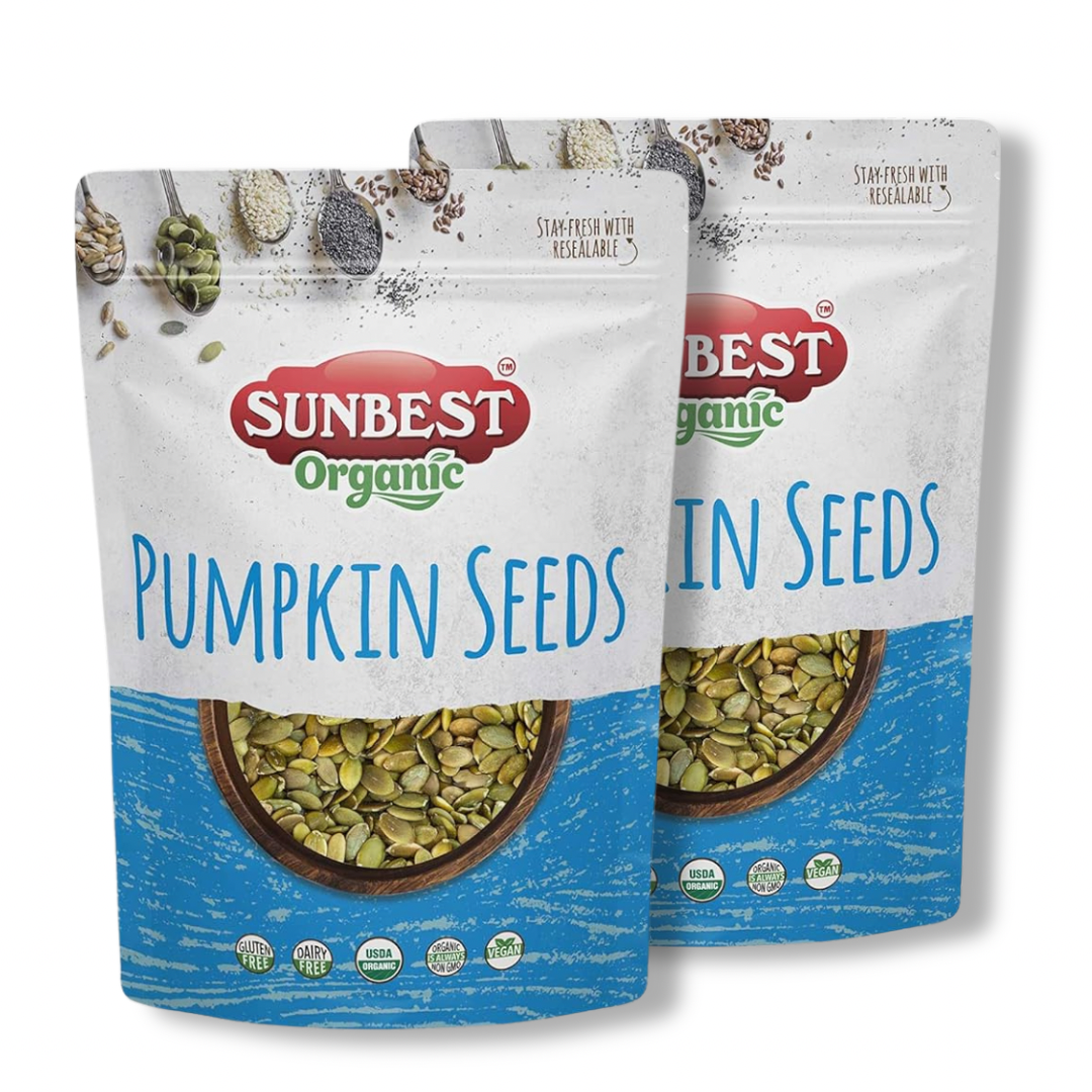 Sunbest Natural Organic Pumpkin Seeds Raw & Fresh 32 oz (2 lb) - USDA Organic - Unsalted Whole Shelled Pumpkin Seeds, Kosher, Gluten Free, Bulk Non-GMO Vegan Healthy Pumpkin Snacks - 2-Pack 16 oz